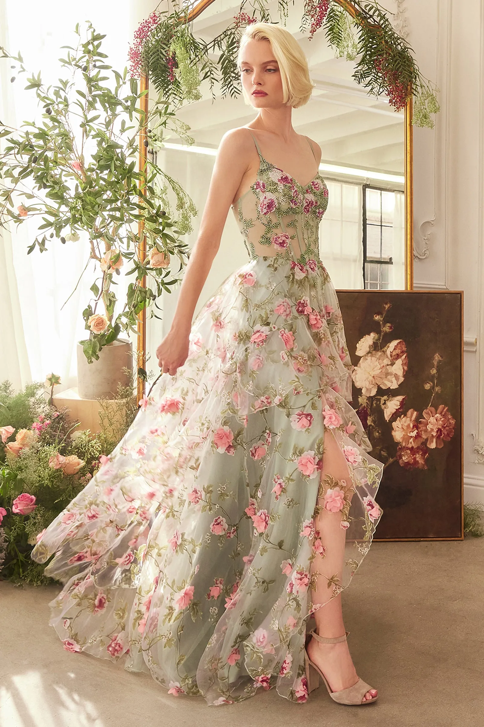 ANDREA & LEO A1420 Sage Floral Print Layered A-Line Dress sold by The Gown Galleria product image thumbnail 4