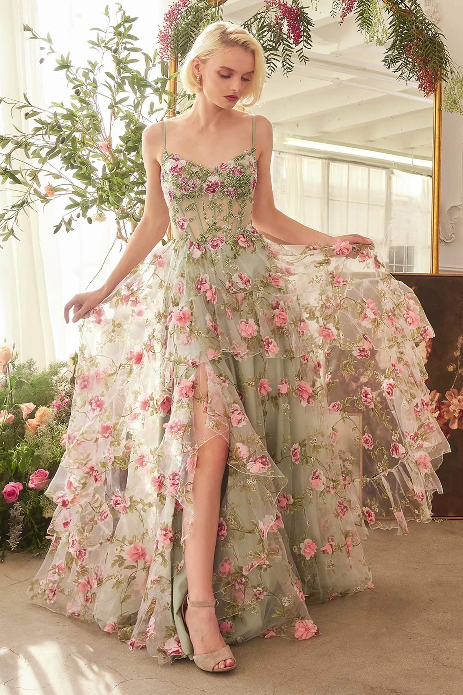 ANDREA & LEO A1420 Sage Floral Print Layered A-Line Dress sold by The Gown Galleria product image thumbnail 3