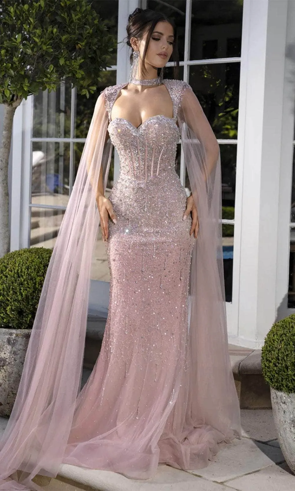 PORTIA & SCARLETT PS25504 Embellished Sweetheart Long Cape Sleeve Prom Gown sold by The Gown Galleria