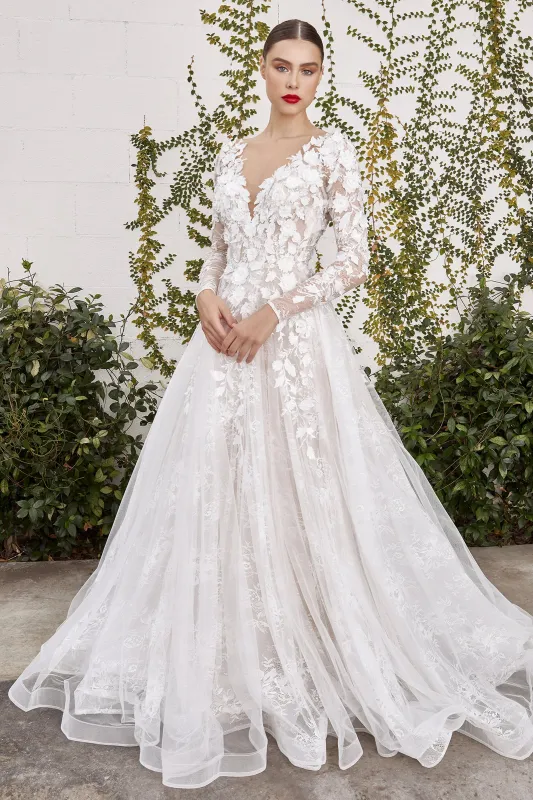 CINDERELLA DIVINE A1067W Yvaine 3D Floral Long Sleeve Bridal Gown sold by The Gown Galleria