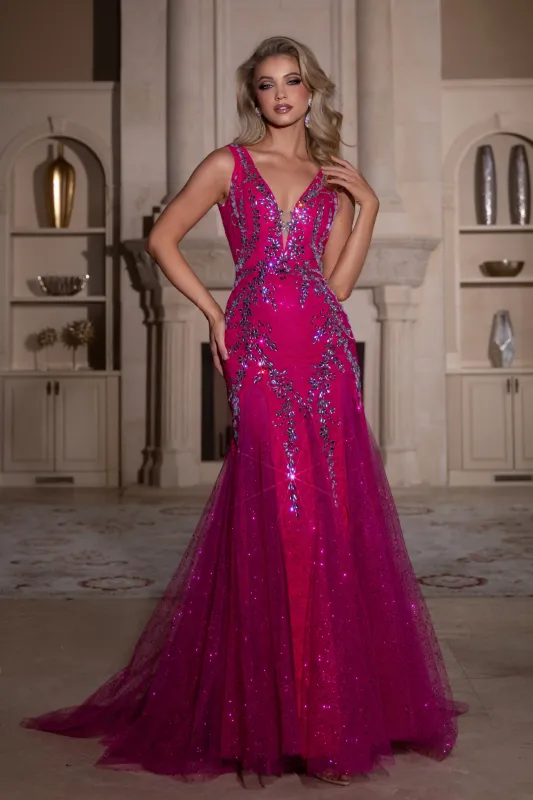 PORTIA & SCARLETT PS25289 V-Neck Sash Drop Sheer Prom Dress sold by The Gown Galleria