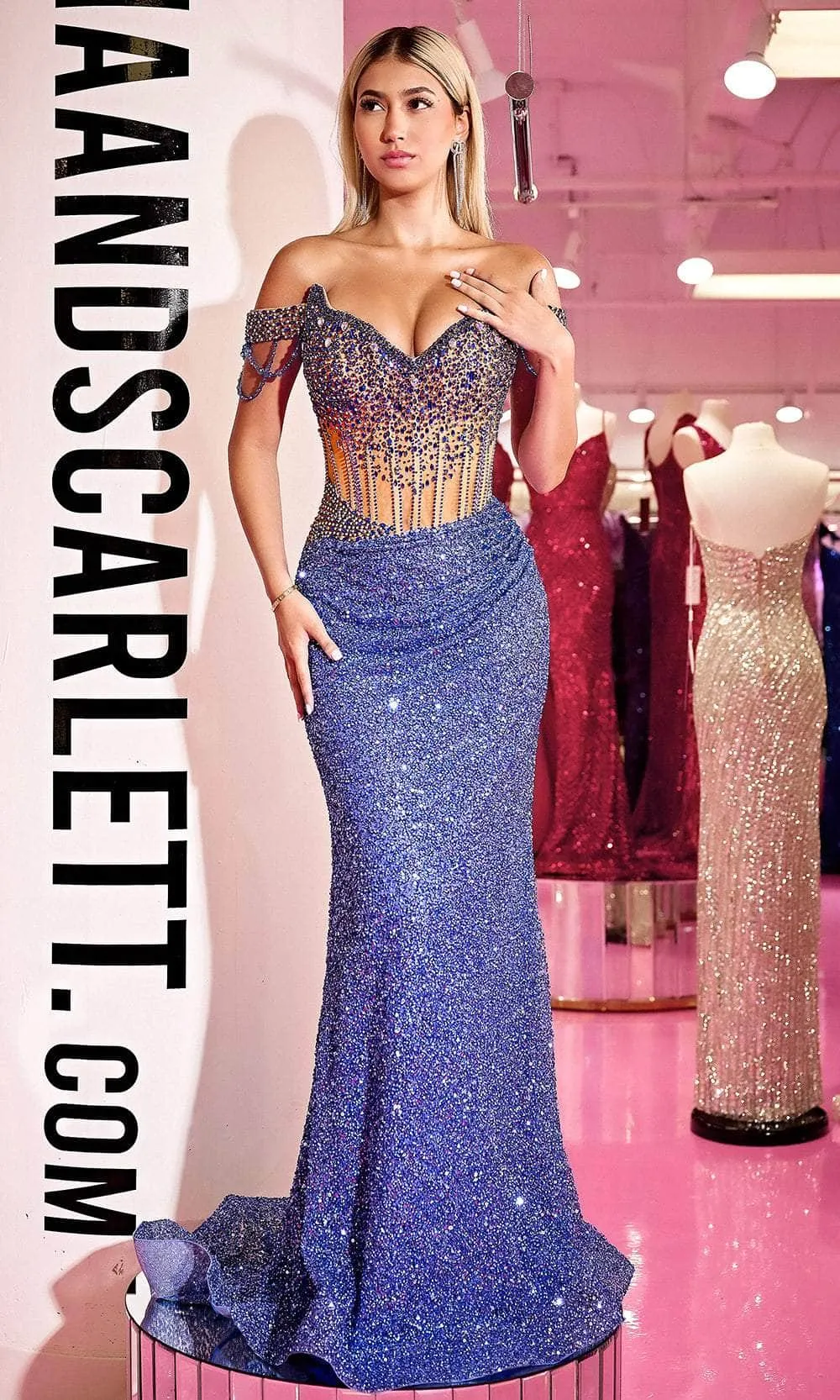 PORTIA & SCARLETT PS24880C Off Shoulder Illusion Beaded Prom Dress sold by The Gown Galleria product image thumbnail 4