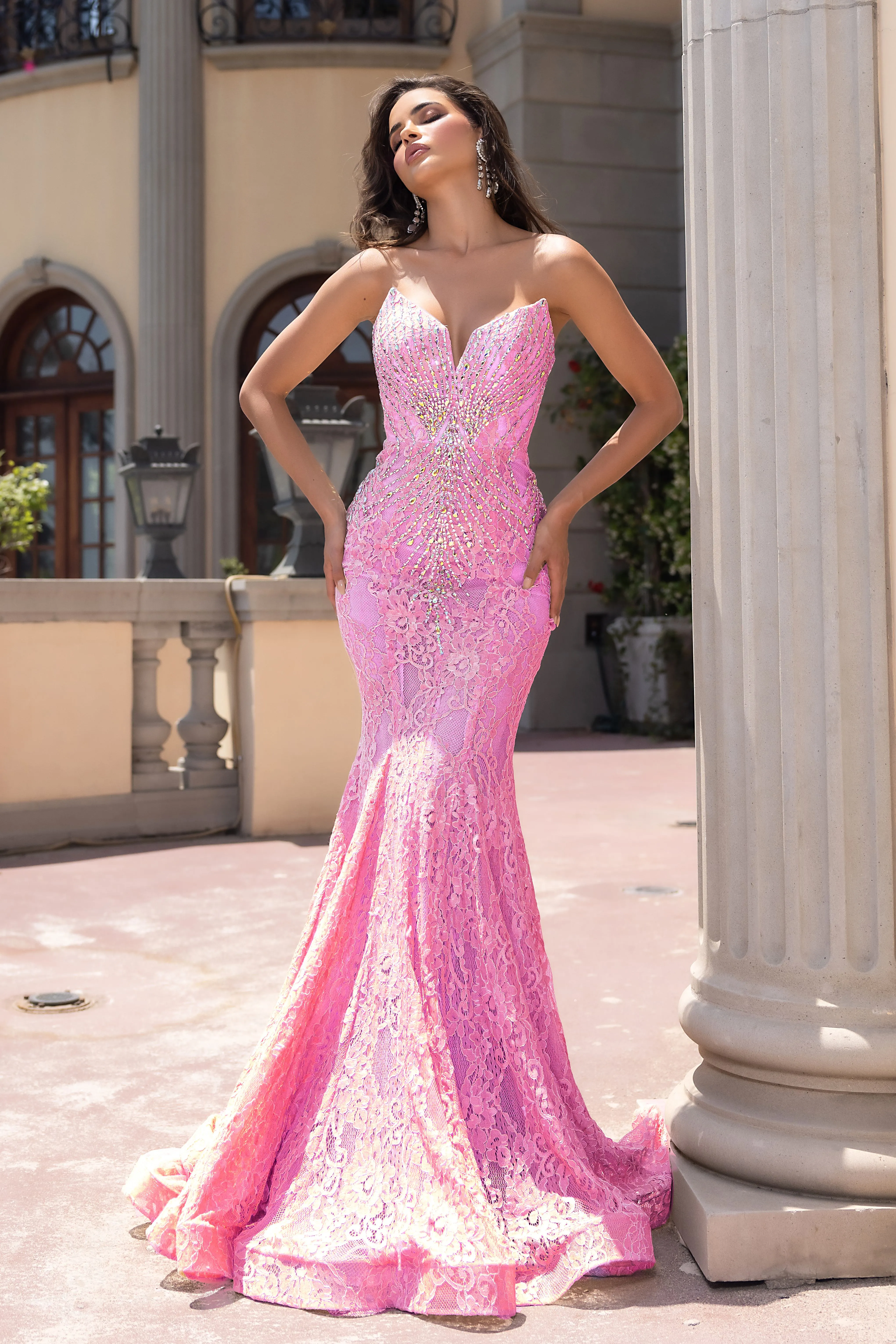 PORTIA & SCARLETT PS25168 Deep V-Neck Beaded Lace Prom Dress sold by The Gown Galleria