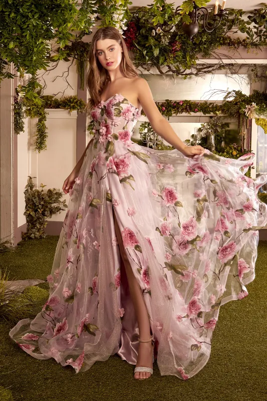 ANDREA & LEO A1035 Floral Printed Strapless A Line Dress sold by The Gown Galleria