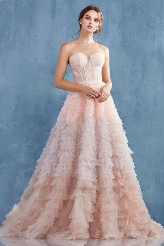 ANDREA & LEO A0767 Strapless Bodice Ruffled Ombre Ball Gown Dress sold by The Gown Galleria