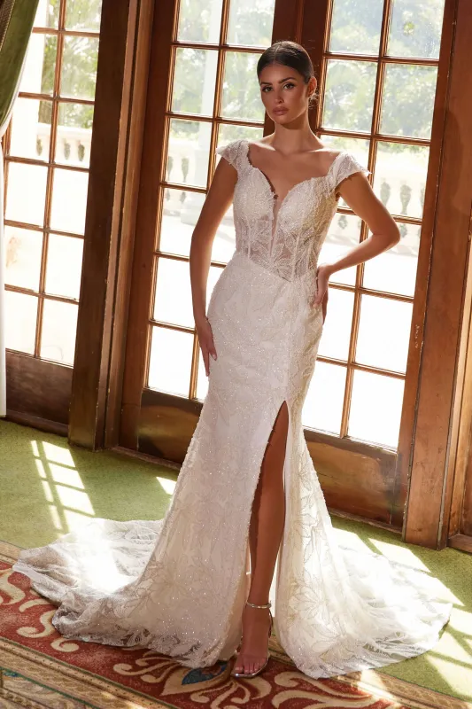 NOX ANABEL C1600W Long Train Beaded Tulle Off-Shoulder Dress sold by The Gown Galleria