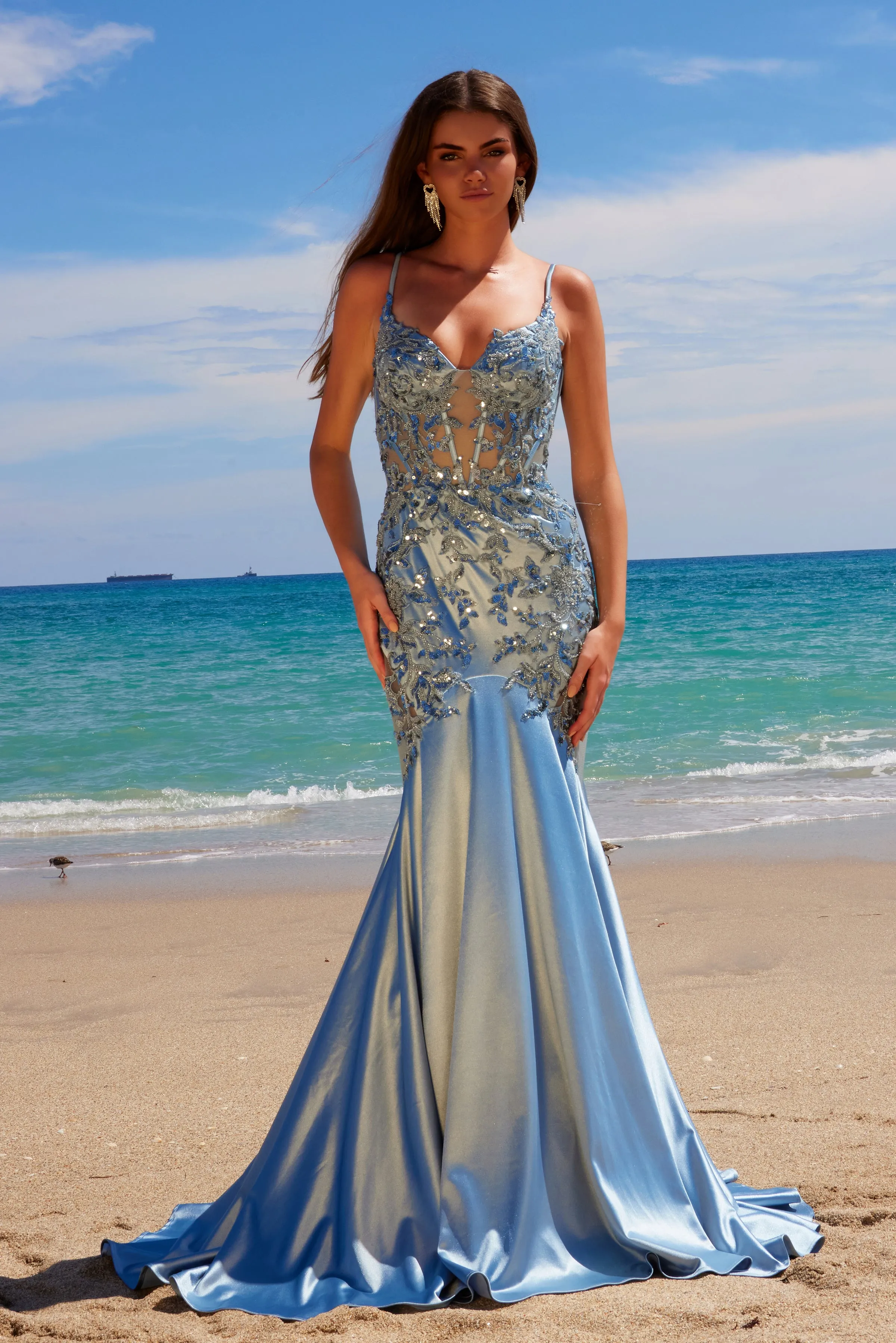 NOX ANABEL E1532 Satin Sequin Detail Mermaid Dress sold by The Gown Galleria