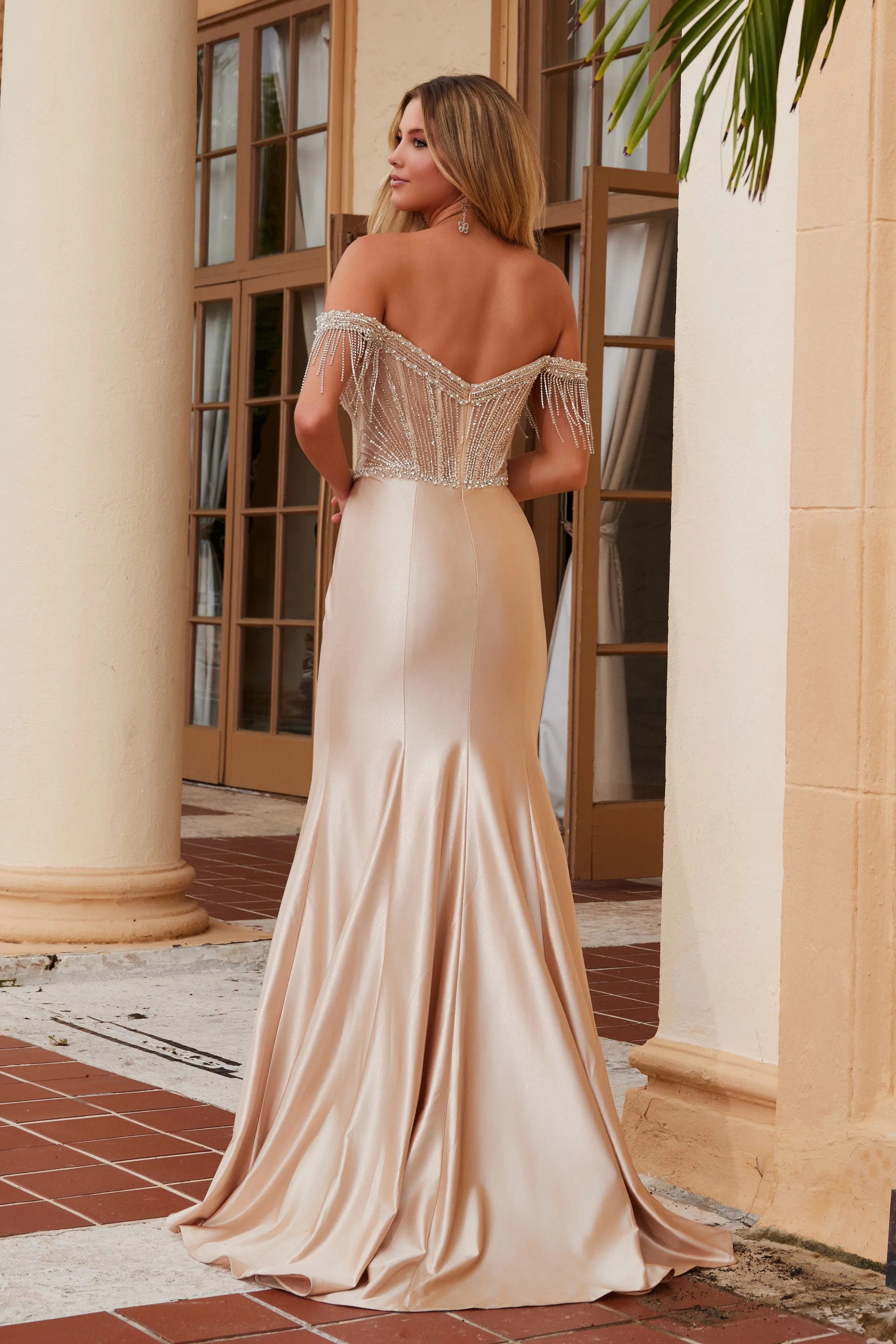 NOX ANABEL F1568 Beaded Satin V-Neck Off-Shoulder Dress sold by The Gown Galleria product image thumbnail 2