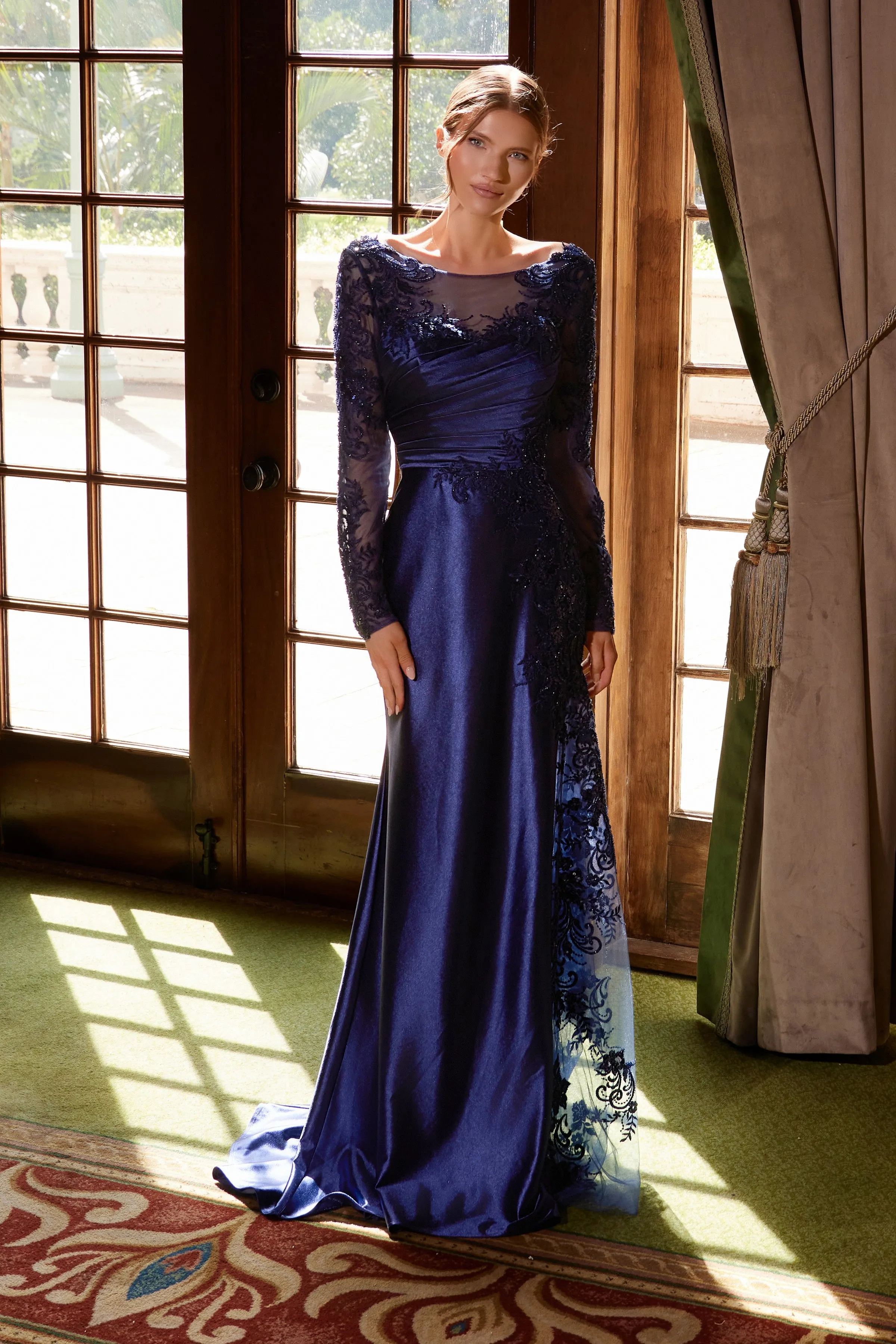 NOX ANABEL ME123 Satin Mother Of The Bride Dress With Long Sleeves sold by The Gown Galleria