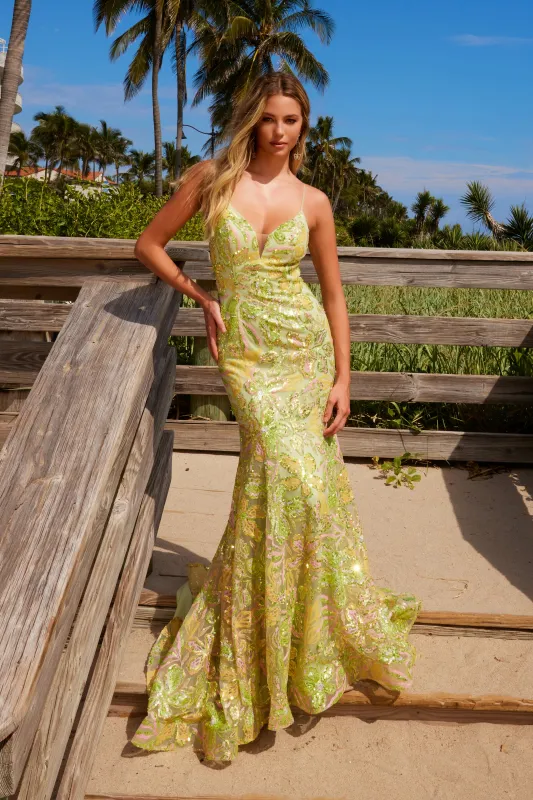 NOX ANABEL Q1540 Mermaid V-Neckline Sequin Tulle Dress sold by The Gown Galleria