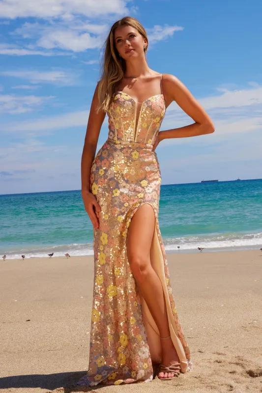 NOX ANABEL T1511 Floral Sequin Long Prom Dress sold by The Gown Galleria