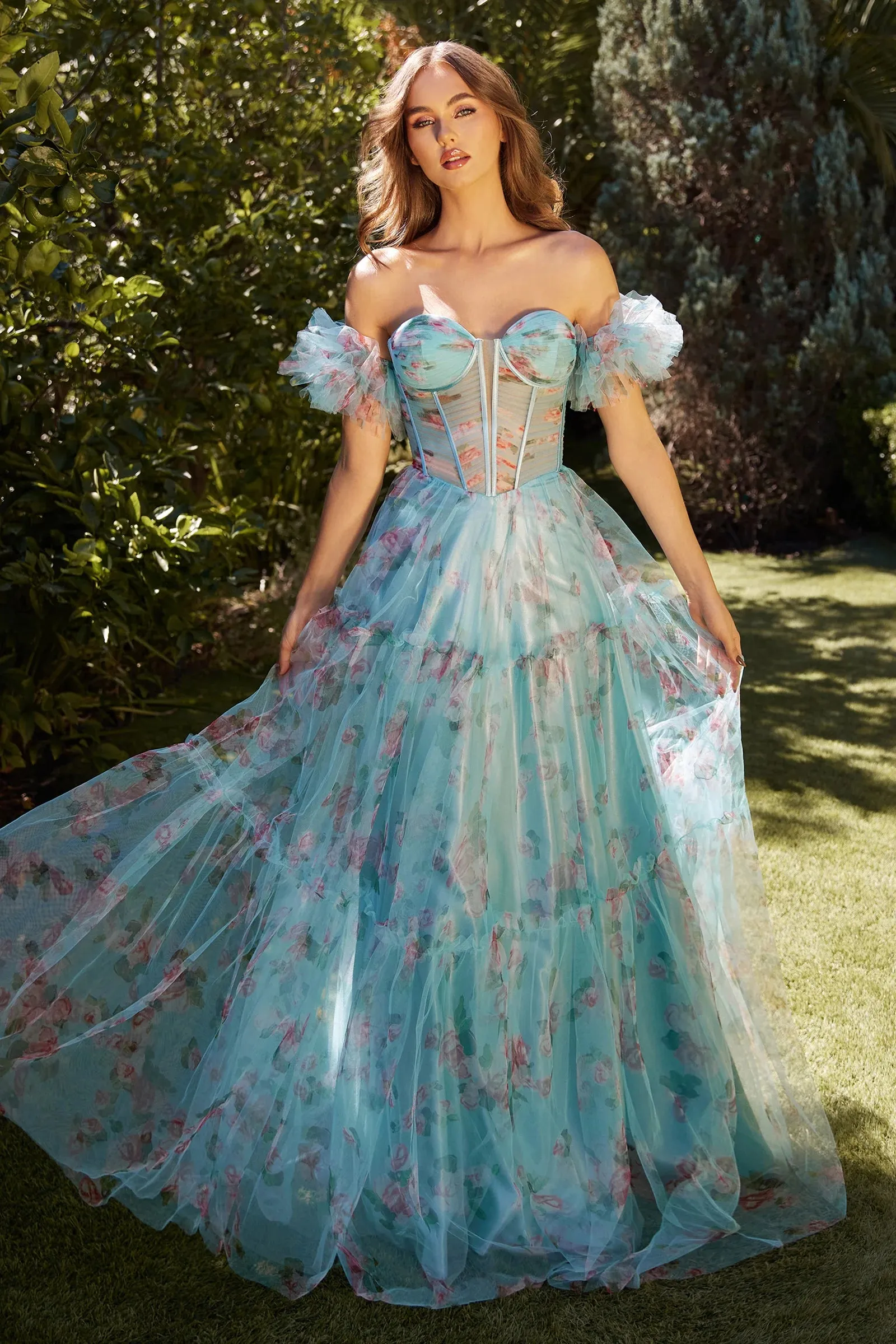 ANDREA & LEO A1285 Blue Floral Printed Ball Gown sold by The Gown Galleria