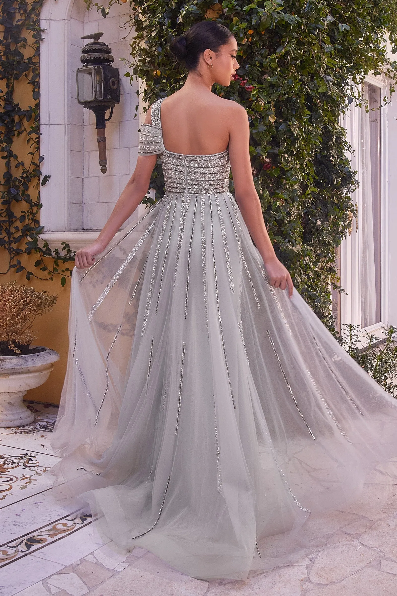 ANDREA & LEO A1314 One Shoulder Silver Beaded Gown sold by The Gown Galleria product image thumbnail 2