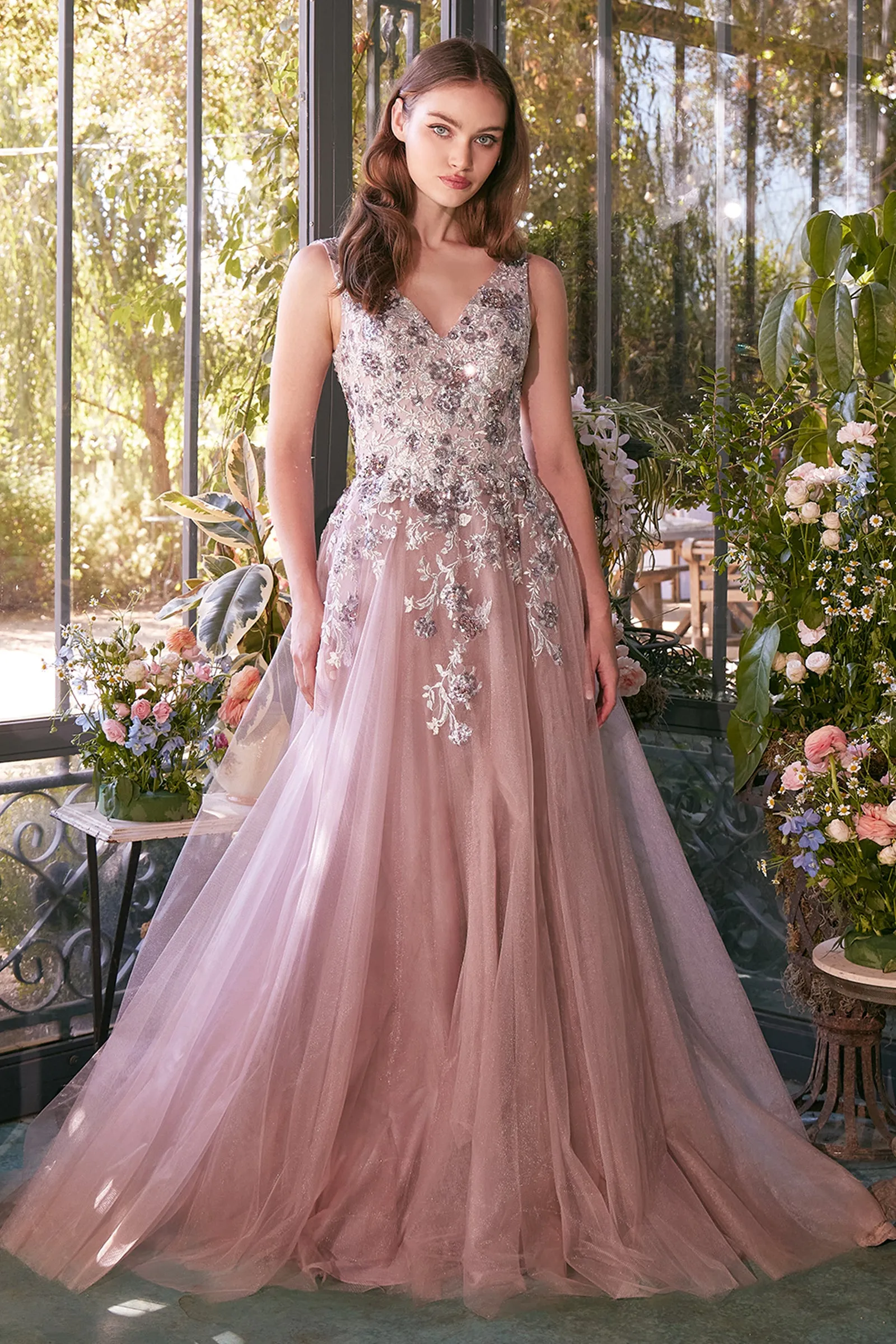 ANDREA & LEO A1401 Sequin Bouquet V-Neck Gown sold by The Gown Galleria