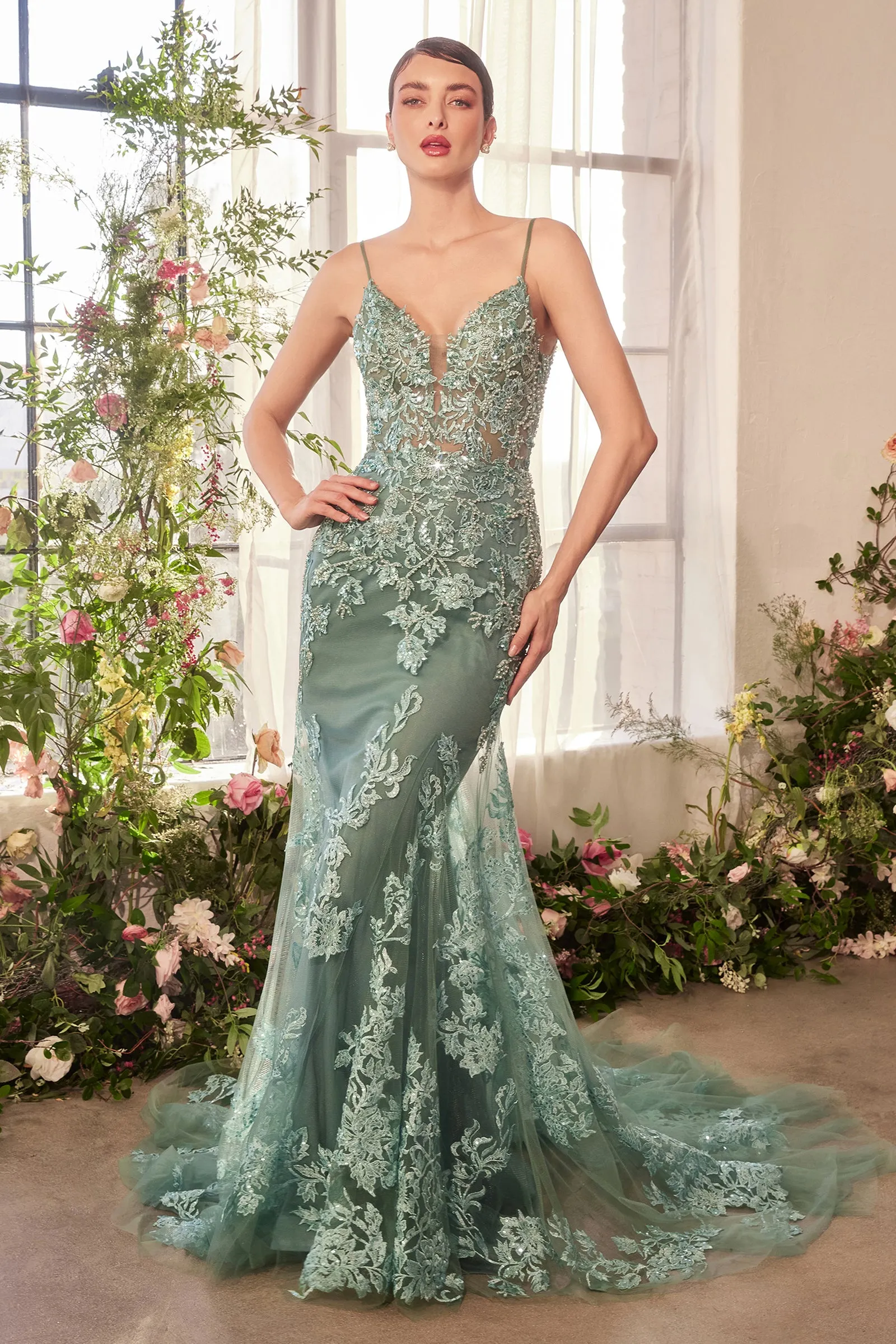 ANDREA & LEO A1421 Foliage Beaded Lace Mermaid Gown sold by The Gown Galleria