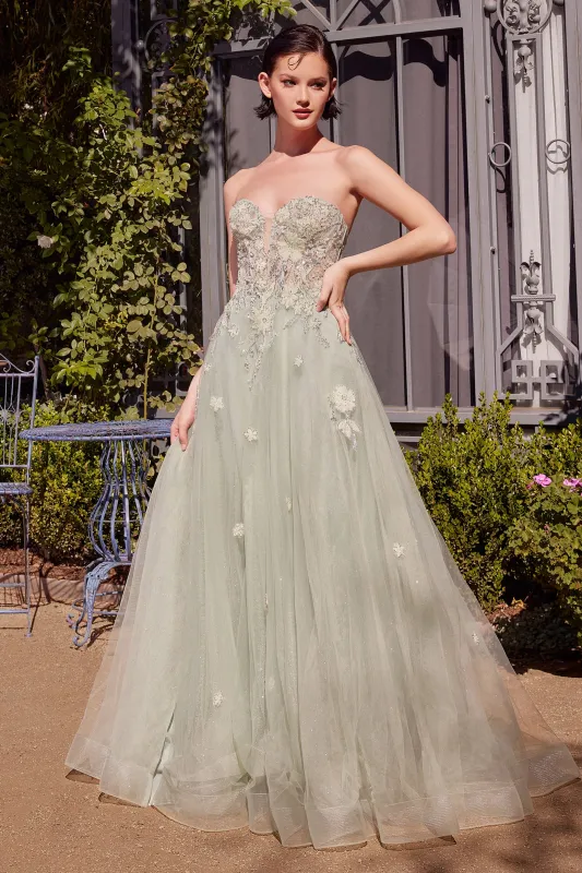 ANDREA & LEO A1418 Sage Green Strapless Ball Gown sold by The Gown Galleria