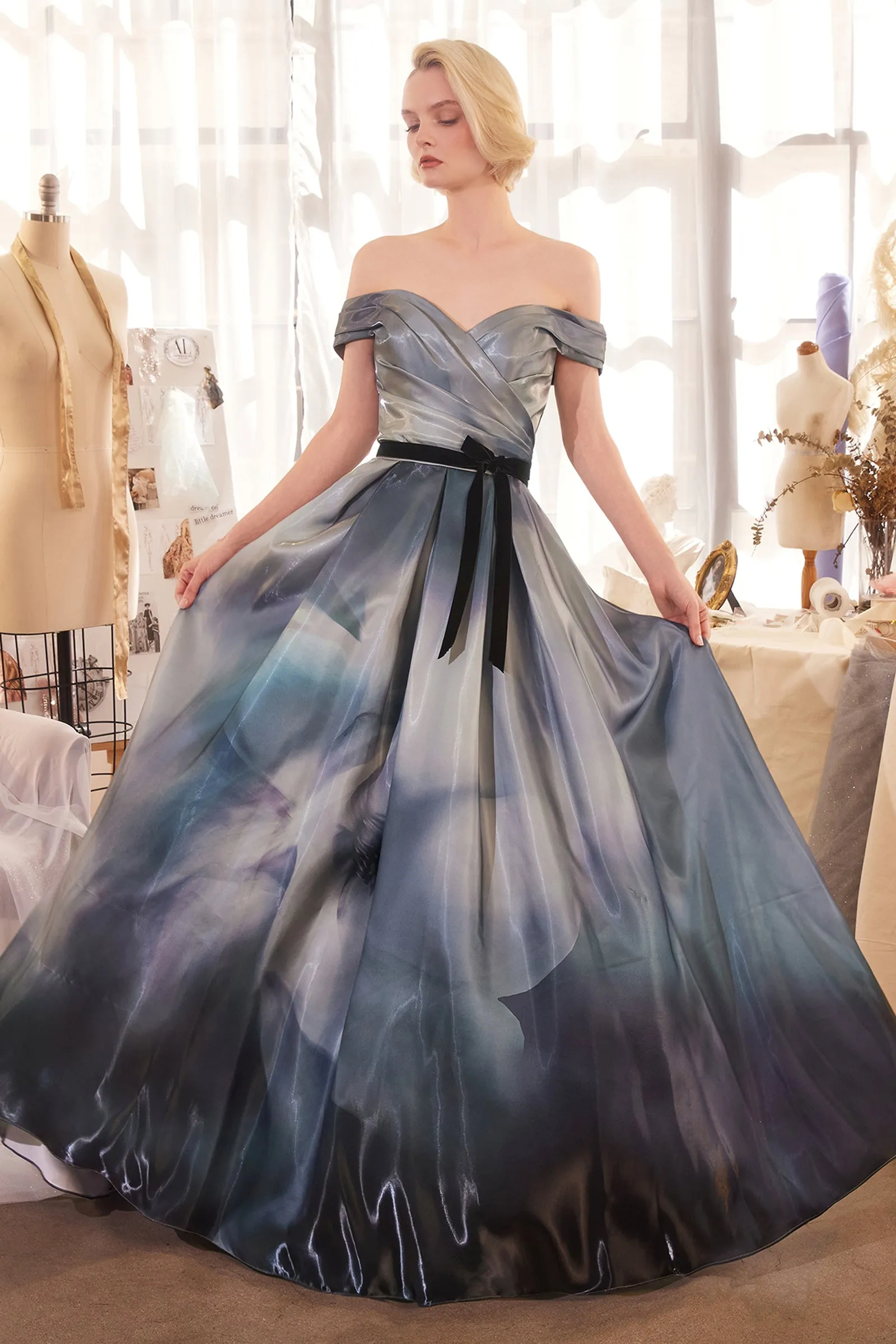 ANDREA & LEO A1431 Print Off The Shoulder Satin Ball Gown sold by The Gown Galleria