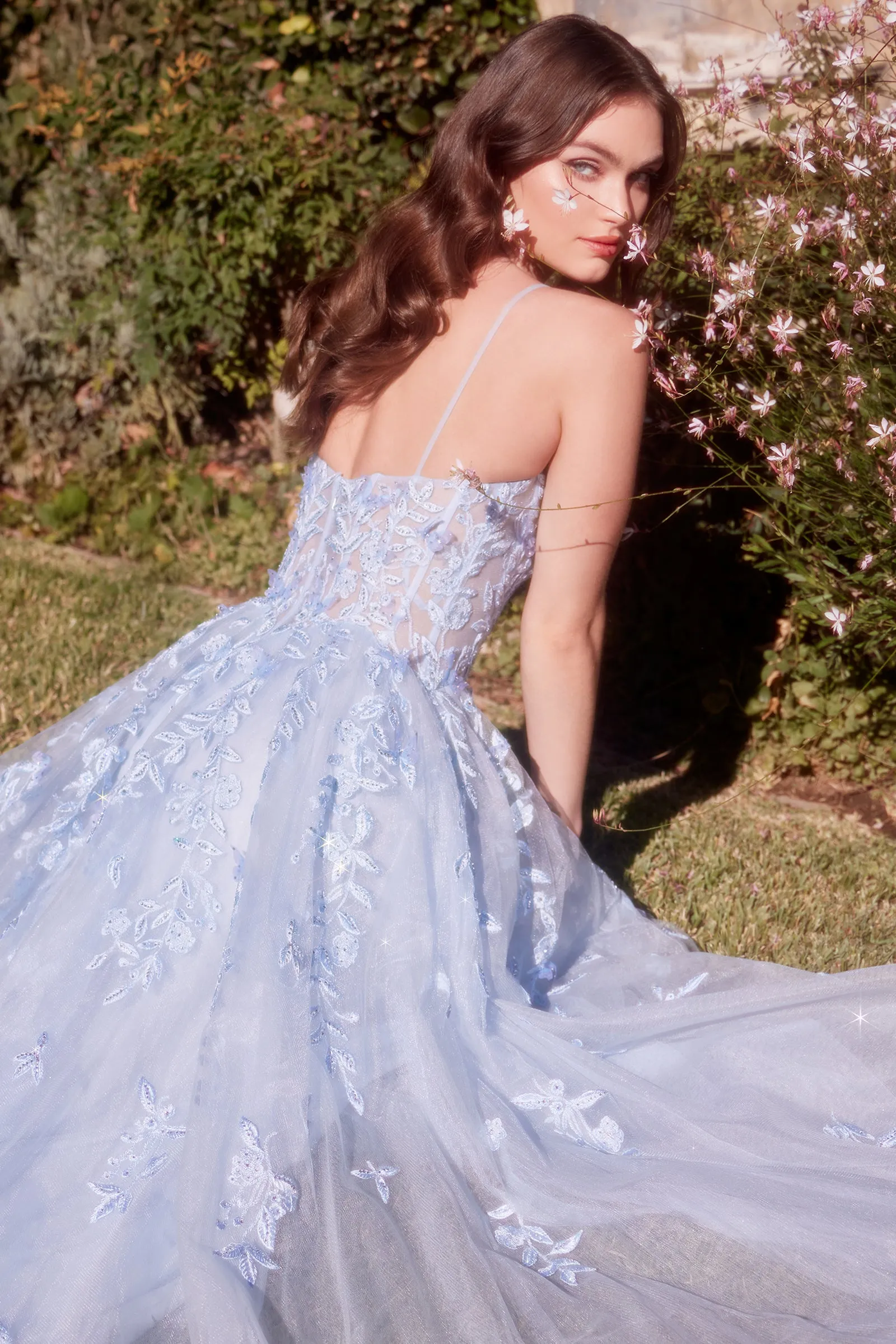 ANDREA & LEO A1437 Light Blue Leaf Motif Appliqued A-Line Dress sold by The Gown Galleria product image thumbnail 4