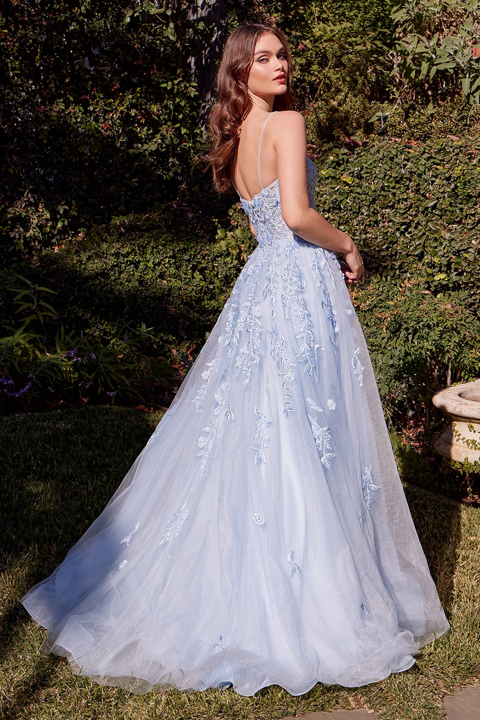 ANDREA & LEO A1437 Light Blue Leaf Motif Appliqued A-Line Dress sold by The Gown Galleria product image thumbnail 2