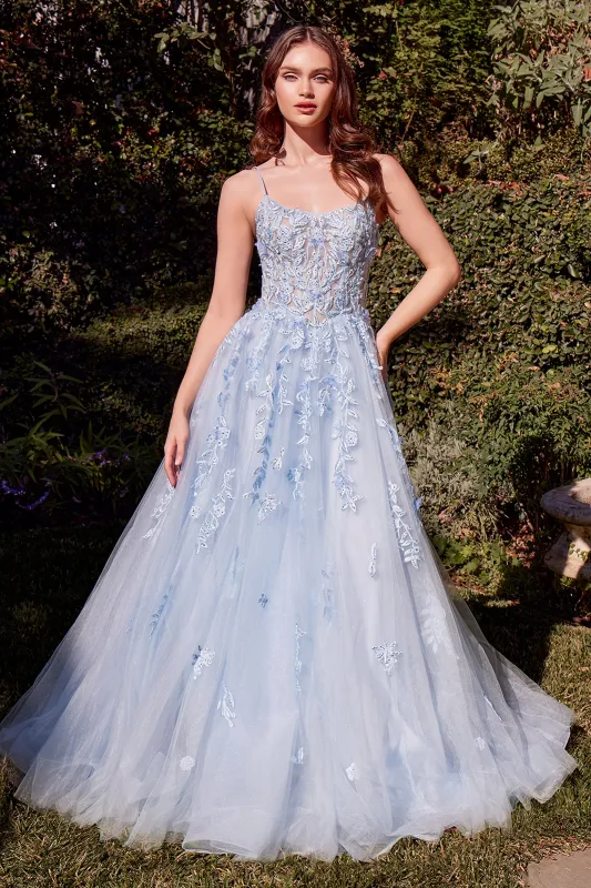 ANDREA & LEO A1437 Light Blue Leaf Motif Appliqued A-Line Dress sold by The Gown Galleria