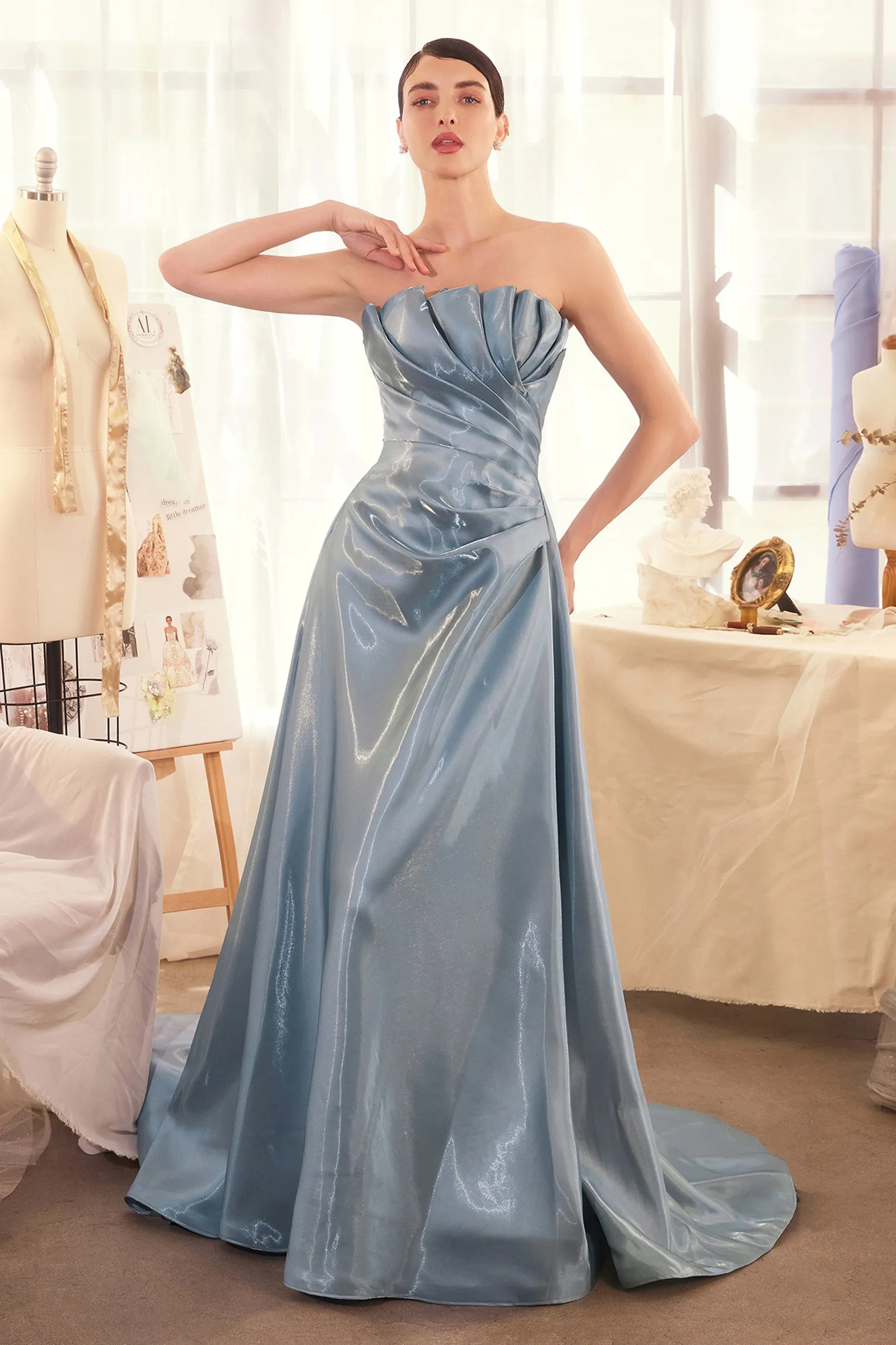 ANDREA & LEO A1439 Pleated Origami Liquid Taffeta Gown sold by The Gown Galleria