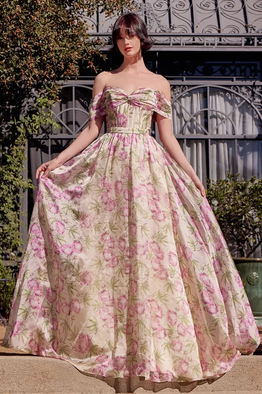 ANDREA & LEO A1466 Floral Printed Off The Shoulder A-Line Dress sold by The Gown Galleria
