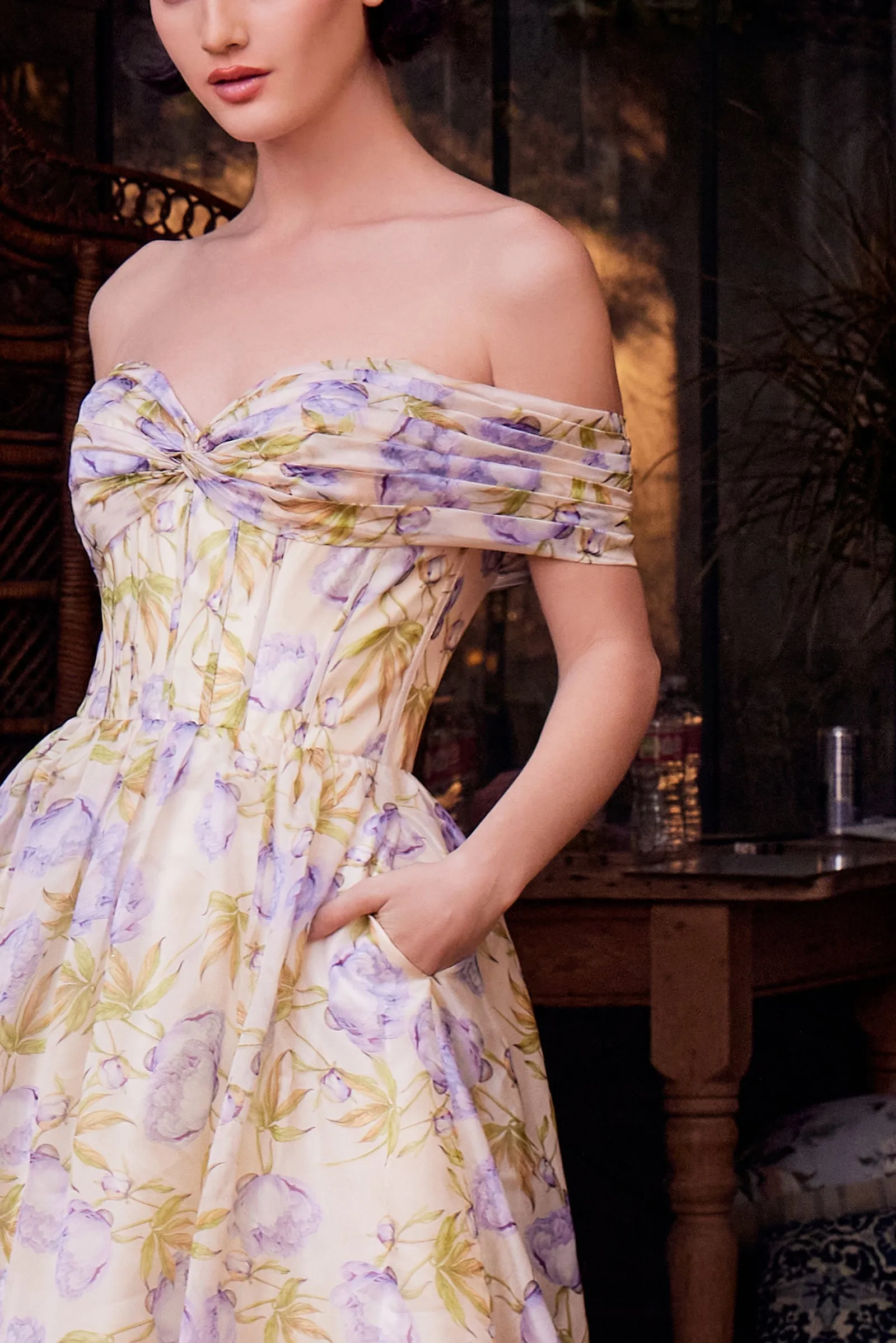 ANDREA & LEO A1466 Floral Printed Off The Shoulder A-Line Dress sold by The Gown Galleria product image thumbnail 5