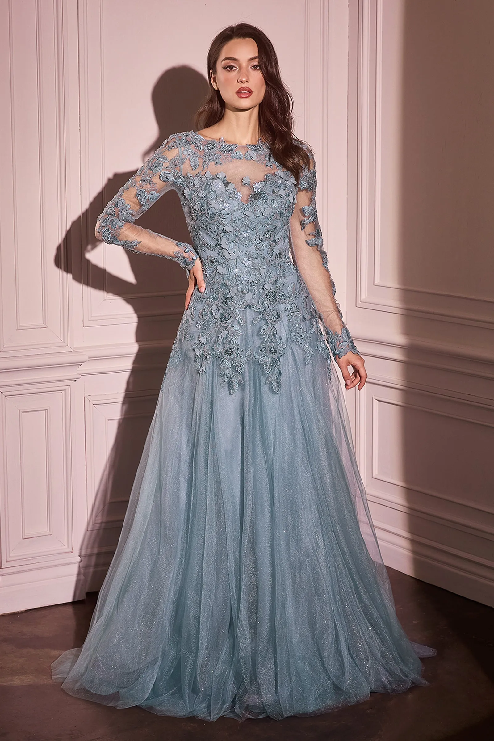 ANDREA & LEO MA108 Lace Layered Tulle Long Sleeve Gown sold by The Gown Galleria