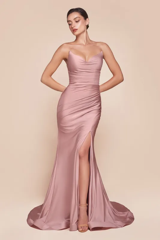 CINDERELLA DIVINE CD791 Strapless V-neck Satin Fitted Dress sold by The Gown Galleria