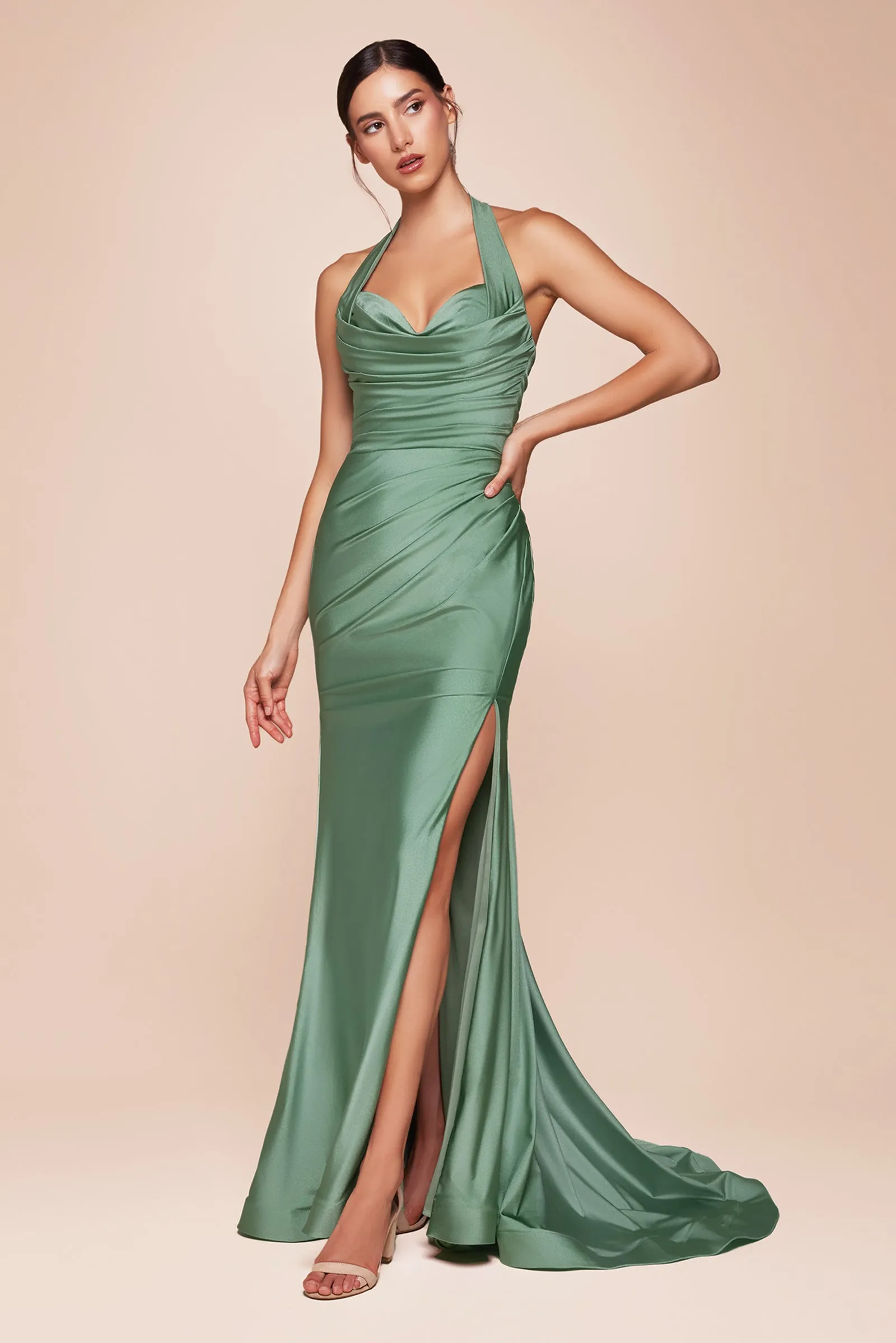 CINDERELLA DIVINE CD796 Halter Stretch Satin Fitted Dress sold by The Gown Galleria