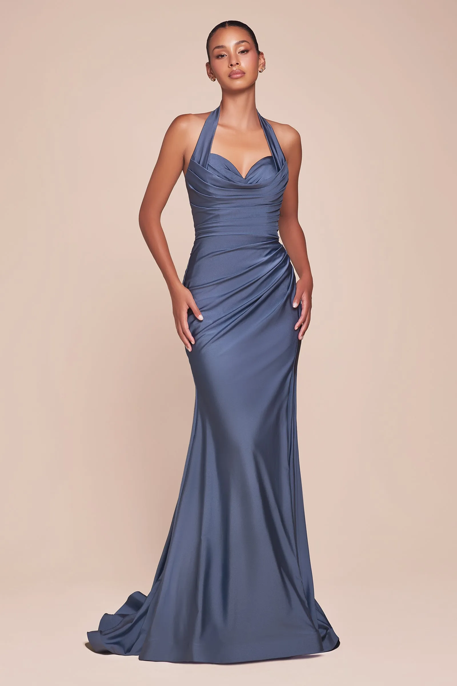 CINDERELLA DIVINE CD796 Halter Stretch Satin Fitted Dress sold by The Gown Galleria product image thumbnail 3