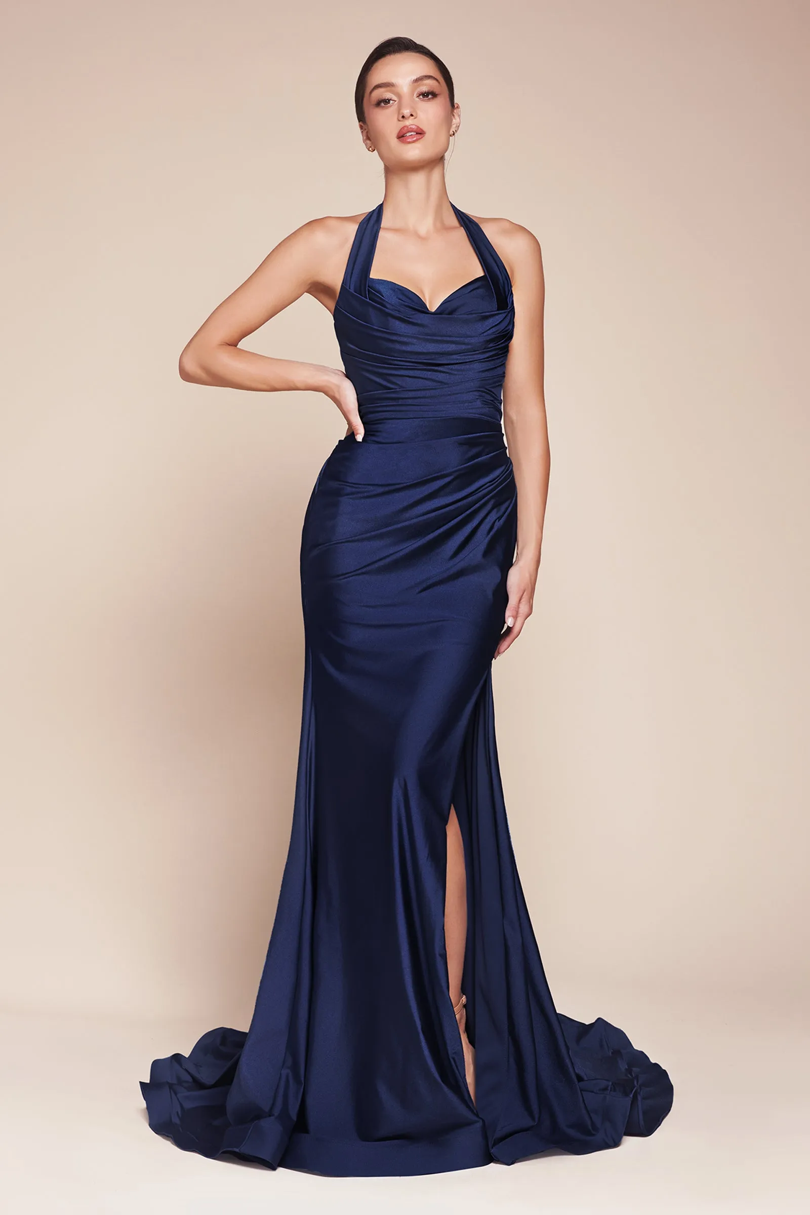 CINDERELLA DIVINE CD796 Halter Stretch Satin Fitted Dress sold by The Gown Galleria product image thumbnail 5