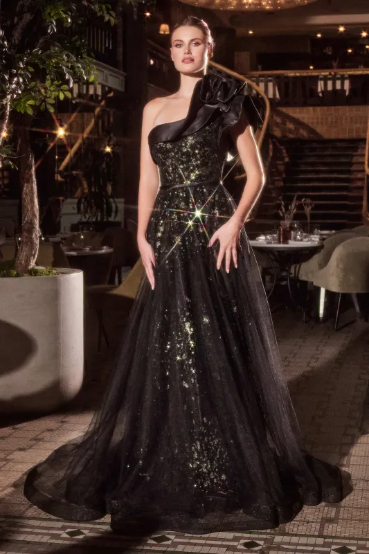 CINDERELLA DIVINE CB157 One Shoulder Black Ball Gown sold by The Gown Galleria