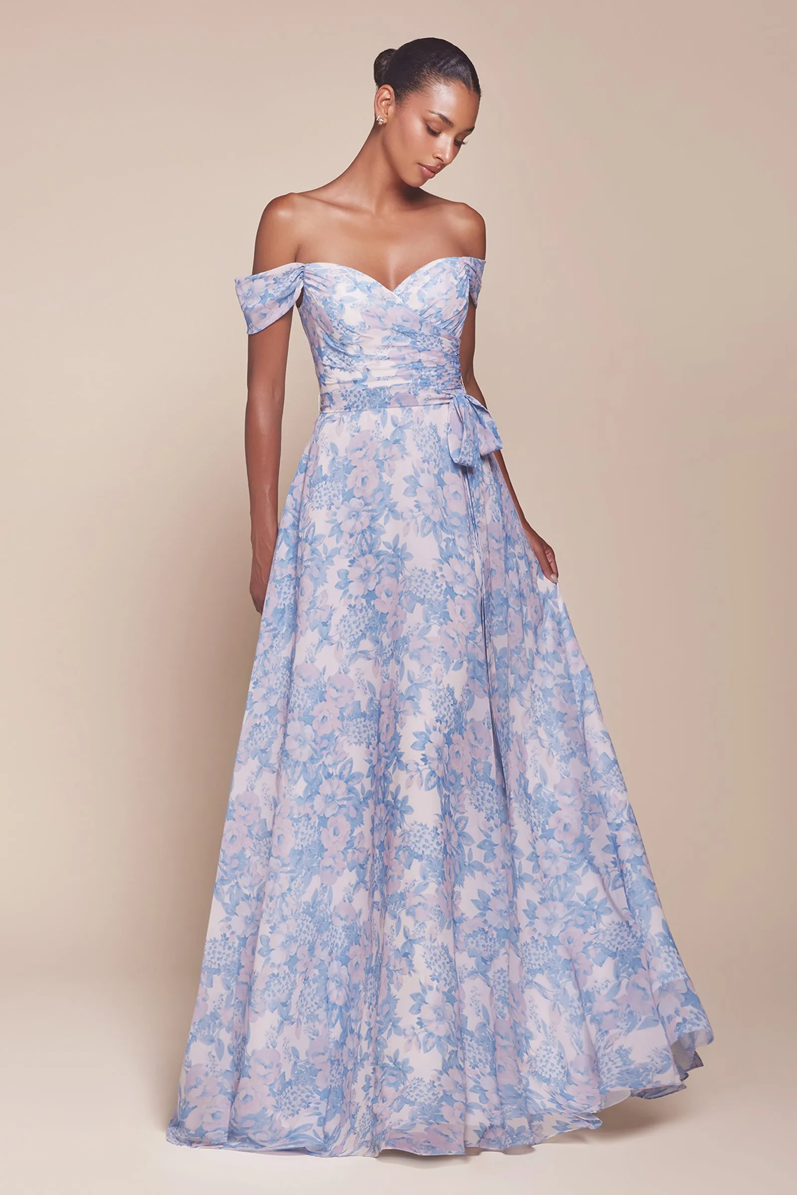 CINDERELLA DIVINE 7441 Off The Shoulder Floral Printed A-Line Dress sold by The Gown Galleria