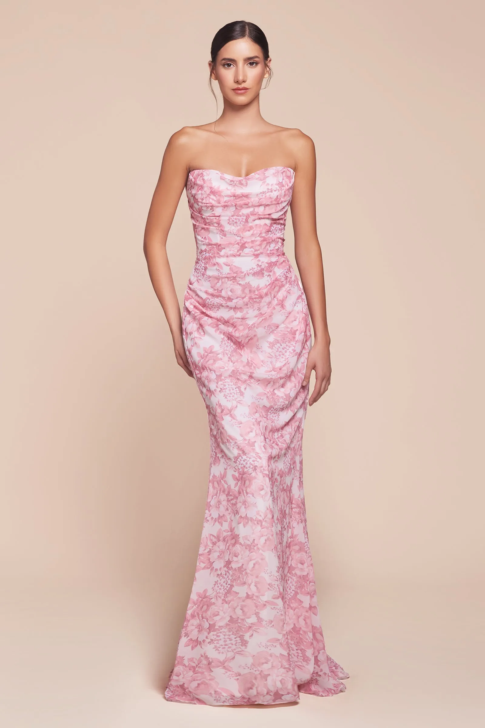 CINDERELLA DIVINE 7445 Strapless Floral Printed Soft Satin Dress sold by The Gown Galleria product image thumbnail 3