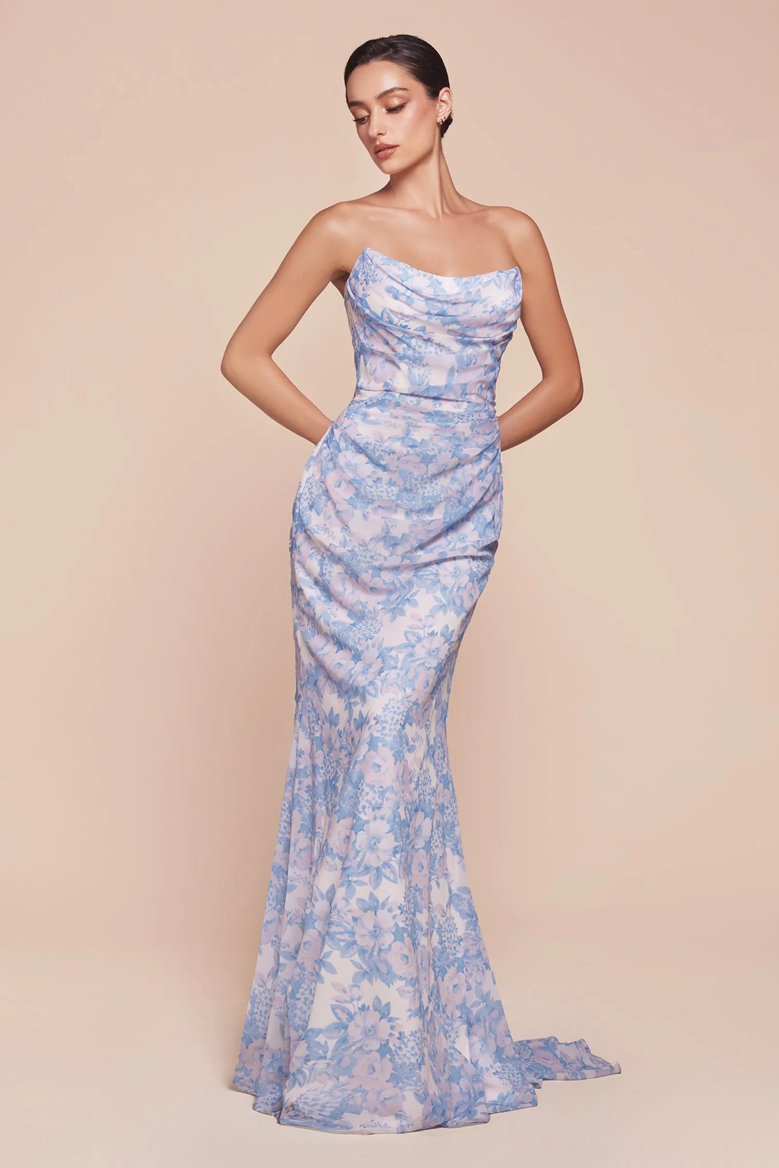 CINDERELLA DIVINE 7445 Strapless Floral Printed Soft Satin Dress sold by The Gown Galleria product image thumbnail 2