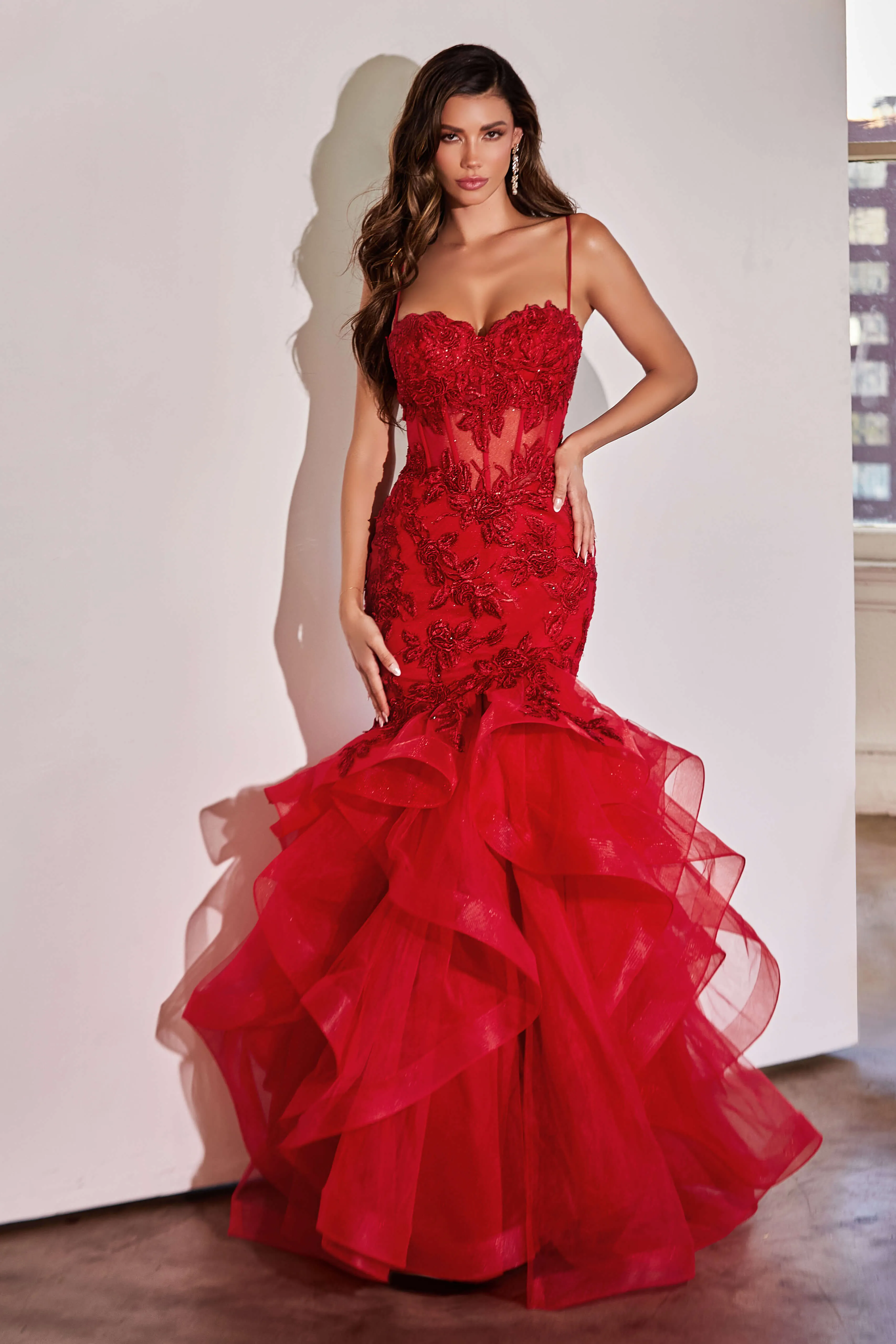 CINDERELLA DIVINE CC8915 Rose Lace Applique Mermaid Dress sold by The Gown Galleria