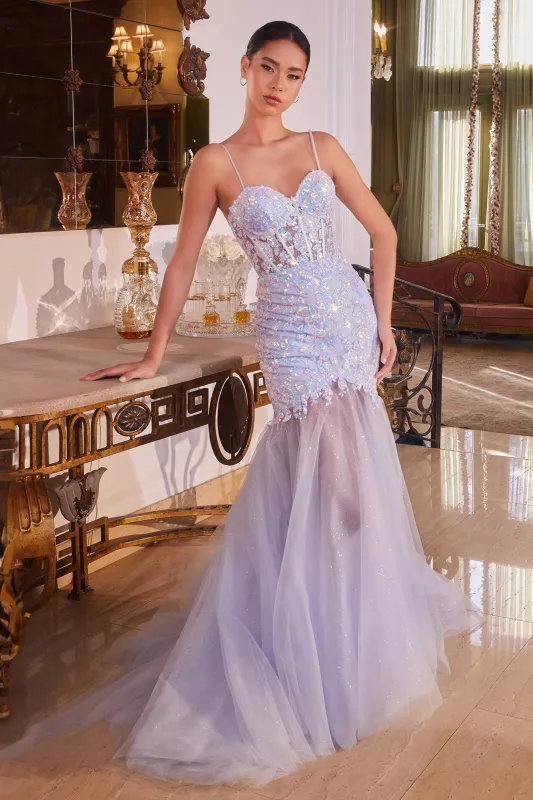 CINDERELLA DIVINE CB148 Floral Sequined Light Blue Mermaid Gown sold by The Gown Galleria