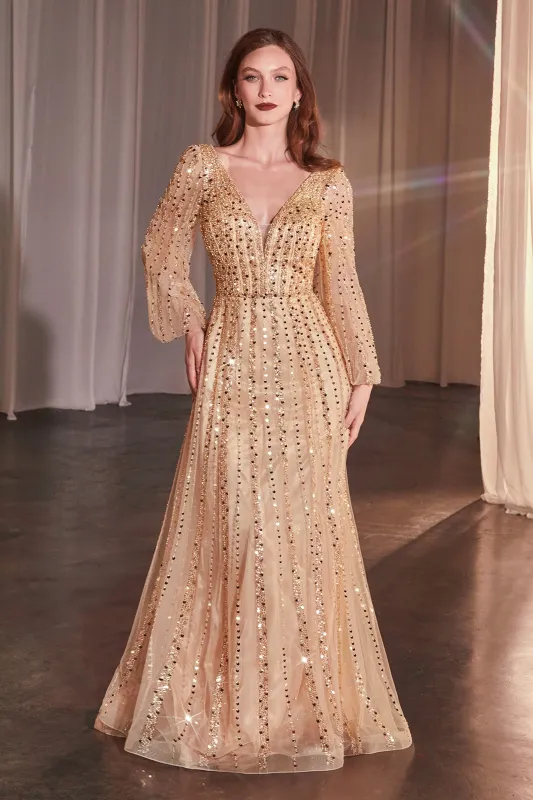 CINDERELLA DIVINE CD0240 Long Sleeve A-Line Beaded Dress sold by The Gown Galleria
