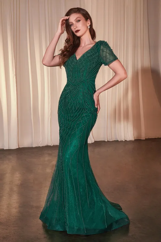 CINDERELLA DIVINE CC4019 Short Sleeve Beaded Fit & Flare Gown sold by The Gown Galleria