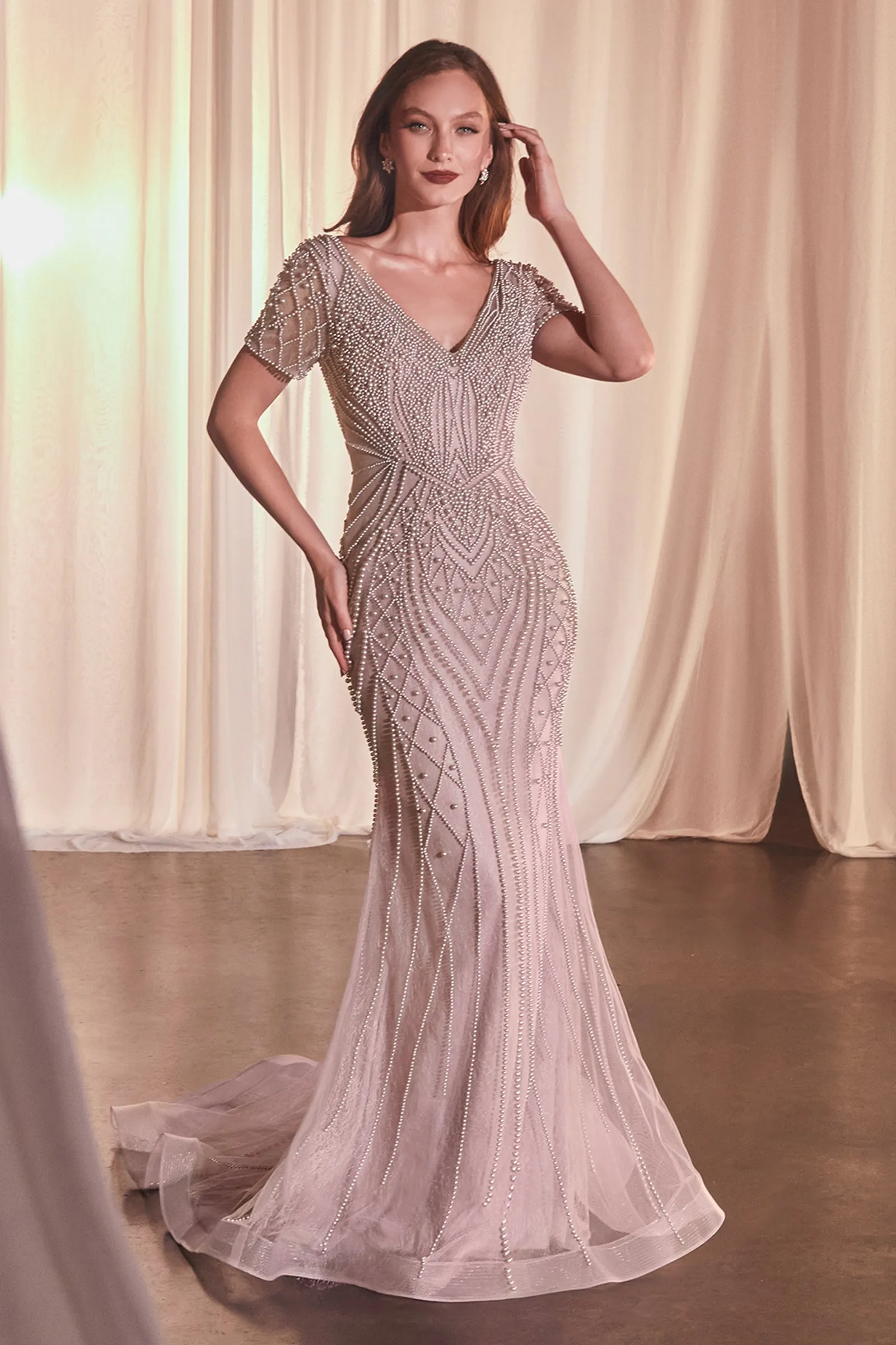 CINDERELLA DIVINE CC4019 Short Sleeve Beaded Fit & Flare Gown sold by The Gown Galleria product image thumbnail 4