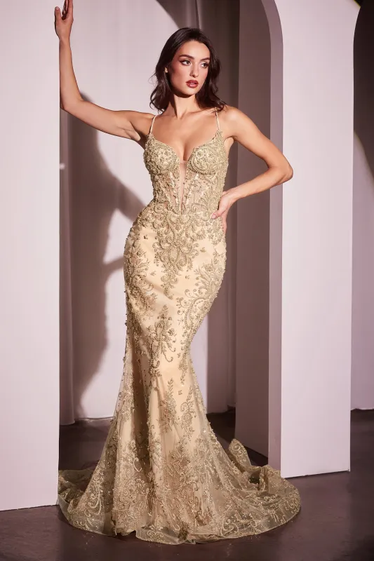 CINDERELLA DIVINE CC2403 Pearl & Lace Embellished Fit & Flar Gown sold by The Gown Galleria