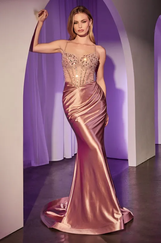 CINDERELLA DIVINE CC8884 Fitted Rose Gold Satin Dress With Beaded Bodice sold by The Gown Galleria