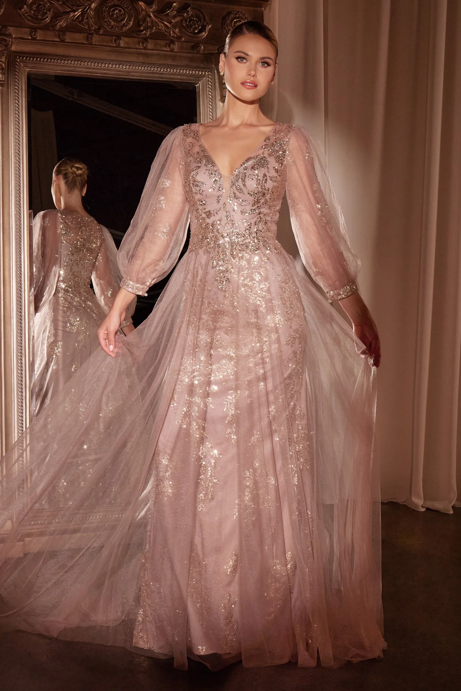 CINDERELLA DIVINE CD0102 Long Sleeve Layered Tulle A-Line Gown sold by The Gown Galleria