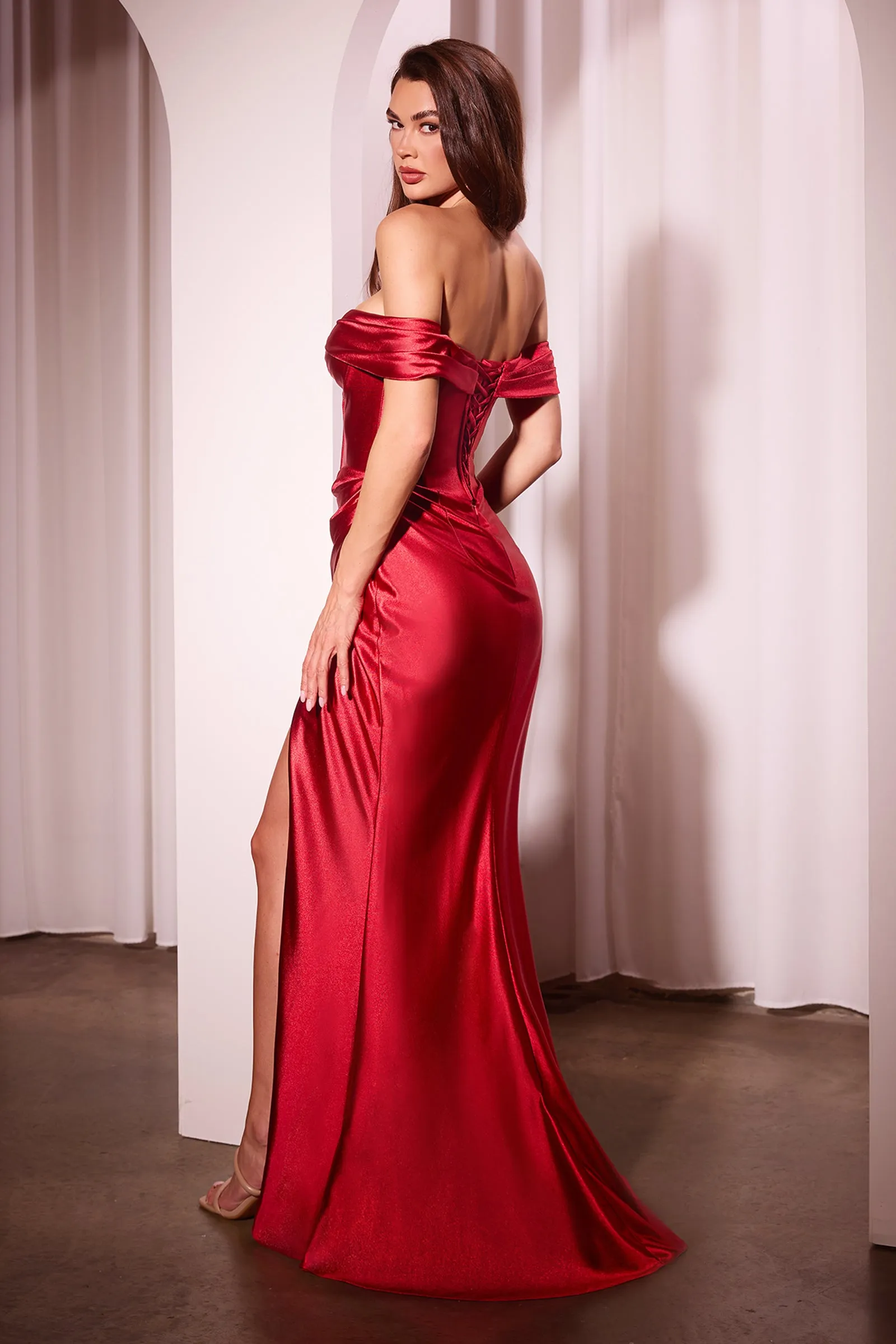CINDERELLA DIVINE CD370 Satin Off The Shoulder Fitted Gown sold by The Gown Galleria product image thumbnail 4