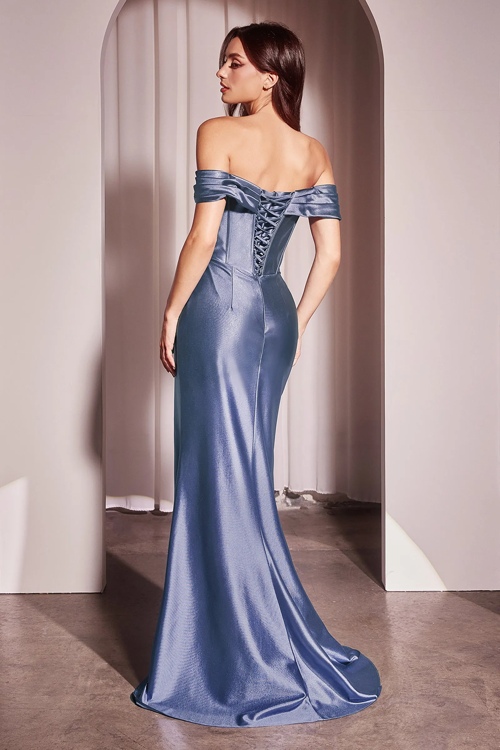 CINDERELLA DIVINE CD370 Satin Off The Shoulder Fitted Gown sold by The Gown Galleria product image thumbnail 2