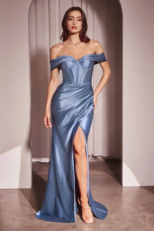 CINDERELLA DIVINE CD370 Satin Off The Shoulder Fitted Gown sold by The Gown Galleria