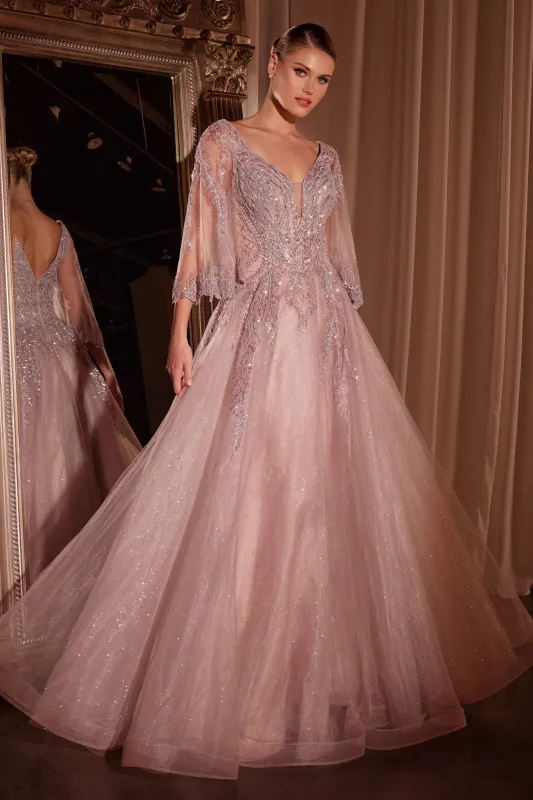 CINDERELLA DIVINE CD784 Bell Sleeve Layered Tulle & Lace Ball Gown sold by The Gown Galleria