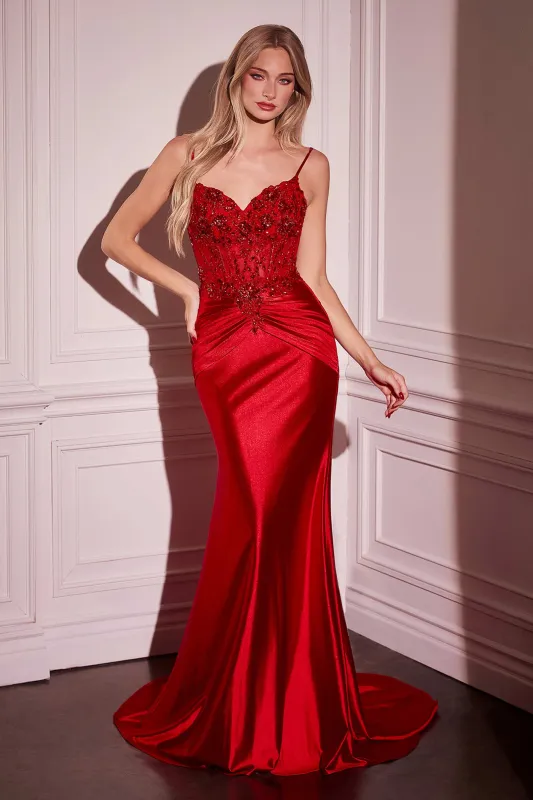 CINDERELLA DIVINE CD776 Fitted Satin & Lace Embellished Gown sold by The Gown Galleria