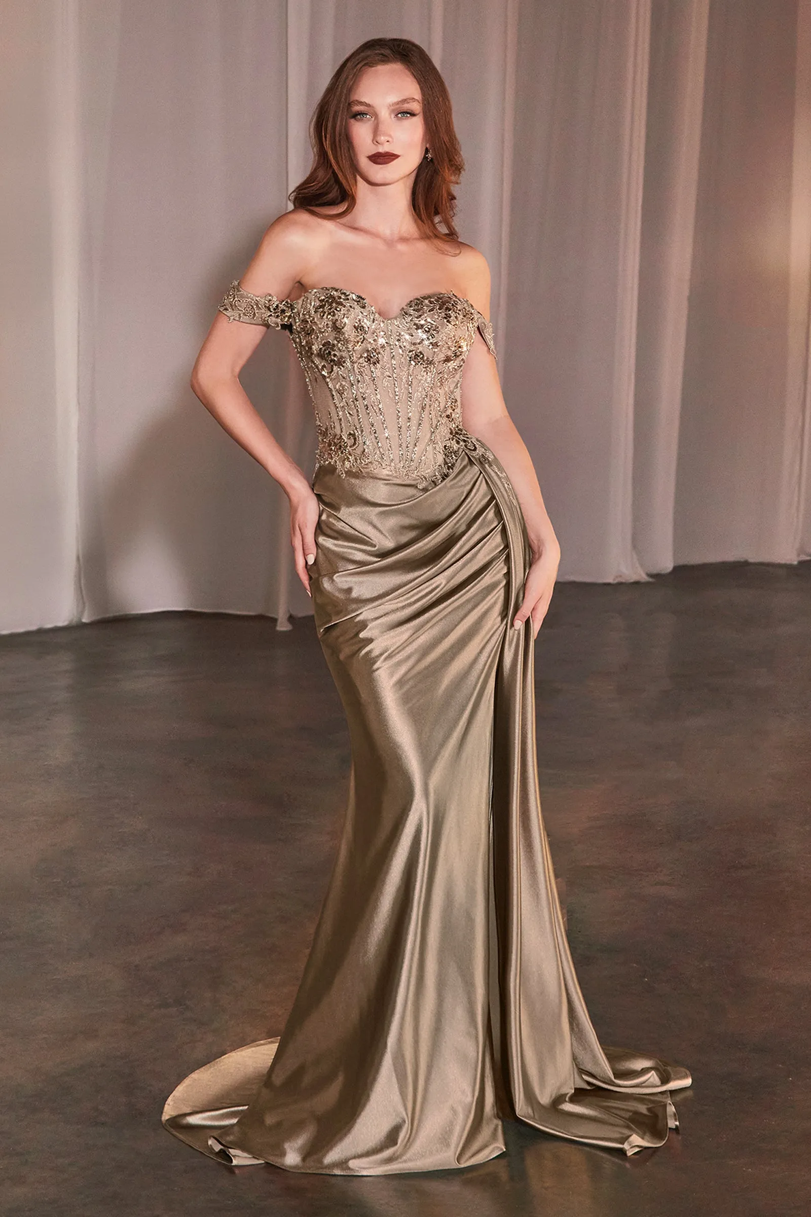 CINDERELLA DIVINE CD803 Off The Shoulder Lace & Satin Fitted Gown sold by The Gown Galleria product image thumbnail 4